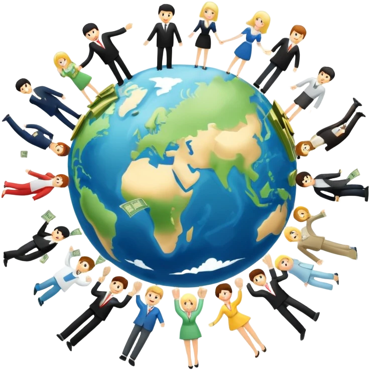 Money flying around the earth, surrounded by people who buy yachts and cars and mansions emoji