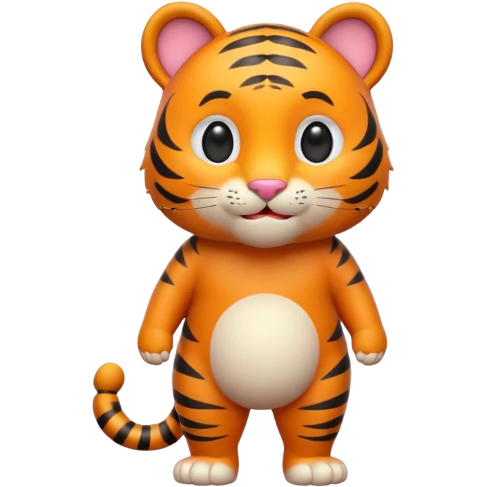 Cute tiger emoji, full body, standing pose, smiling face, big round eyes, orange fur with black stripes, chubby and adorable, short legs, small ears, 3D emoji style, smooth shading, bright colors, simple clean design, transparent background emoji