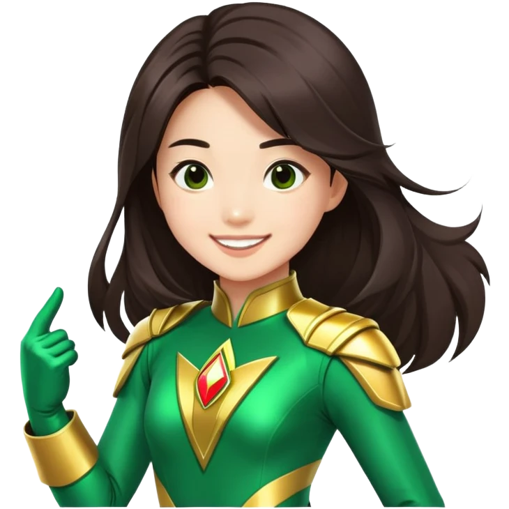 Green power ranger, Asian girl with fair skin and long dark brown hair, make her smile emoji