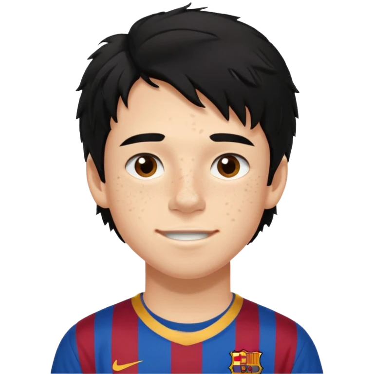 Un chico con pelo largo, desordenado y negro, tiene pecas, brackets, ojos cafés oscuros y con una camisa del Barcelona emoji