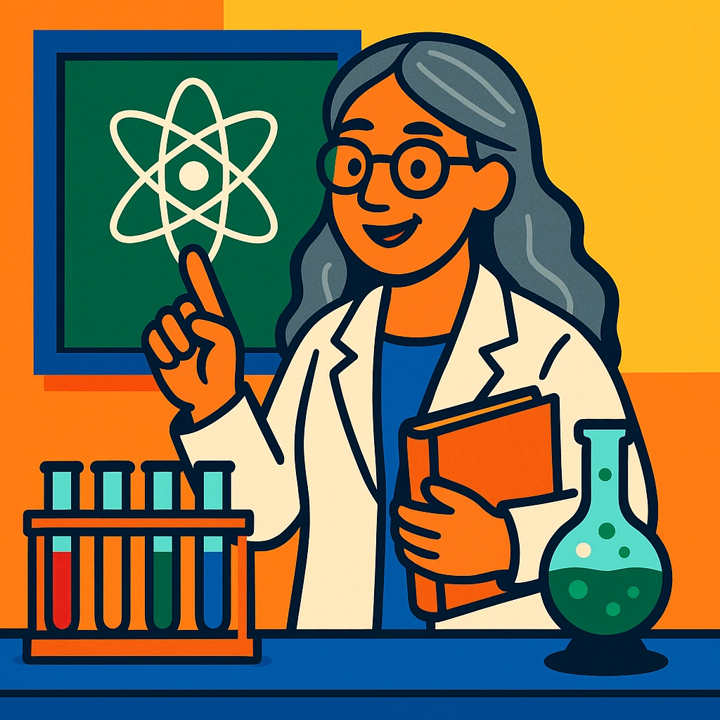 woman science teacher with long graying hair, at a lab table with test tubes, in vibrant toon style emoji