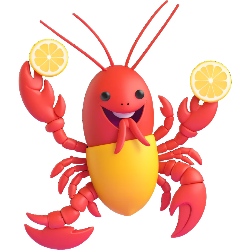 playful lobster holding a lemon in its mouth while twirling, emoji style emoji
