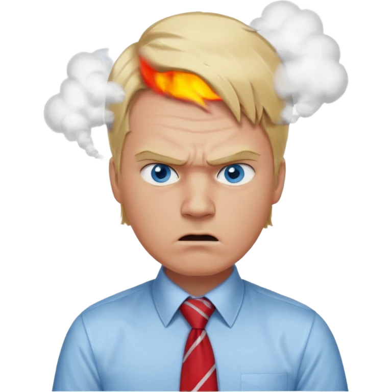 A guy with blonde hair and blue eyes that looks masculine. make him wear a shirt with a tie. he is danish. He is very angry with a red face and steam above his head emoji