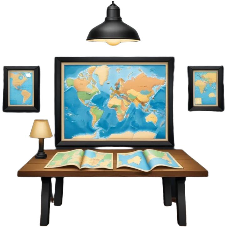 A dark room full of maps with table and over light ￼ emoji