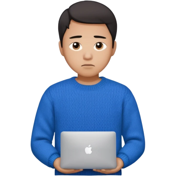 a asian guy wearing a blue knit with white shirt, looking sad, holding a macbook, only upper body, high quality emoji