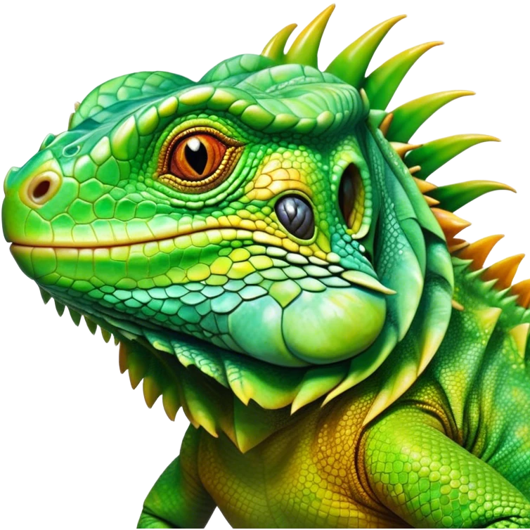 Cinematic Realistic Cute Iguana Portrait Emoji, Head tilted playfully and inquisitively, featuring a compact, agile build with a glossy, intricately scaled body in vivid green hues and a characteristically expressive face with bright, curious amber eyes, rendered in lifelike detail with natural highlights, high shine, affectionate and lively, styled with a touch of tropical whimsy, soft glowing outline, capturing the essence of a mischievous yet lovable iguana that seems poised to scurry out of the screen into your arms! emoji