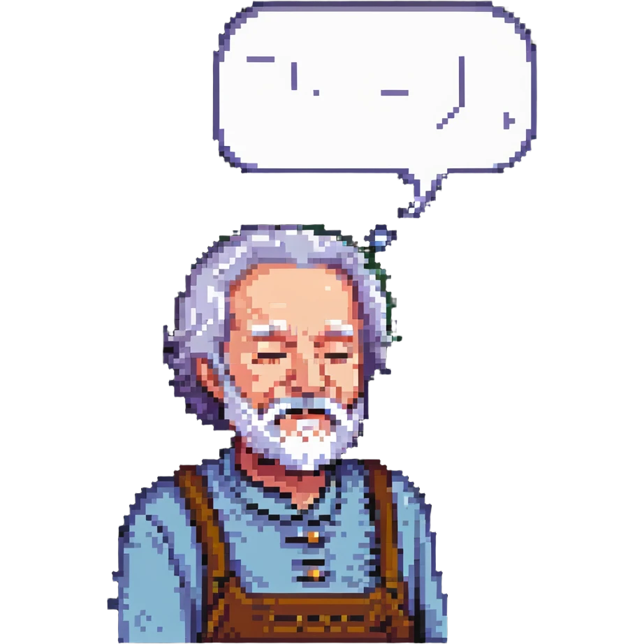 Homer, the ancient Greek blind poet, elderly with a beard and closed or unfocused eyes, pixel art style, with a speech bubble that says 'I sing of heroes' emoji