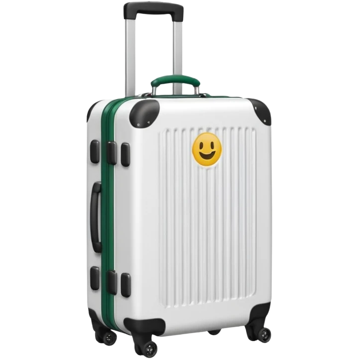 white ribbed suitcase on wheels with handle, corners, handle and wheels dark green, emoji style emoji