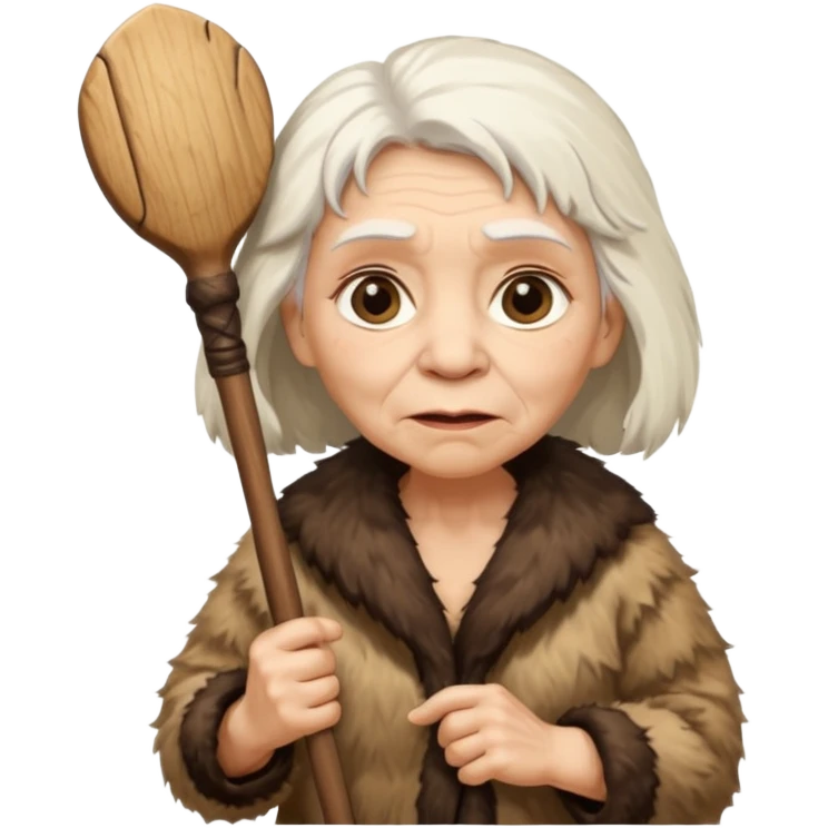 cute old woman Neanderthal with white hair, big eyes, and a club emoji