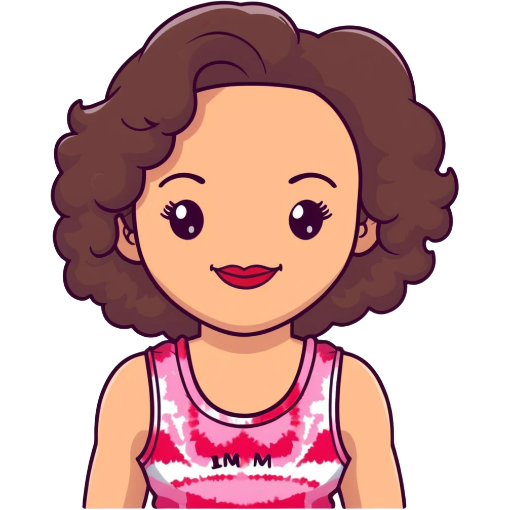Artistic woman with fair skin, elongated face, abundant dark brown curly hair, large expressive almond brown eyes, full lips with soft red lipstick, wearing pink tie-dye tank top, maternal welcoming smile emoji