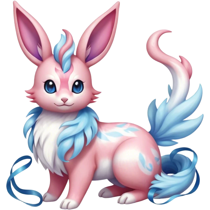 Feral Rare Fantasy cute realistic adorable pastel pink light-blue white iridescent Sylveon-Milotic-Minccino-Vernid-hybrid by LiLaiRa, markings, full body emoji
