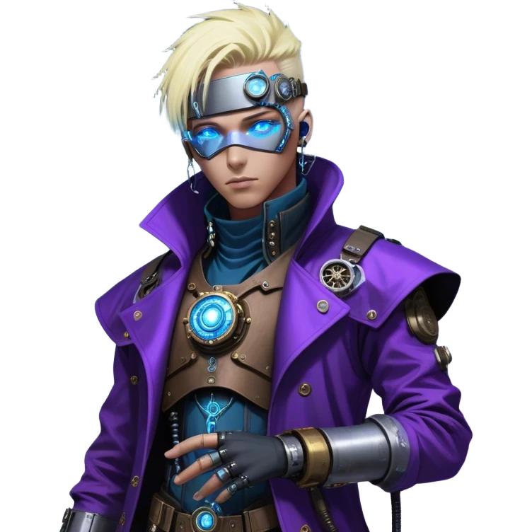 Cyberpunk City, Dr. Numen Oppen, a **tan-skinned cyber-steampunk visionary** with **piercing blue eyes** and **platinum-blond hair** infused with biomechanical enhancements. He wears a **refined steampunk coat** with brass and neon blue accents, layered with **cyberpunk tactical gear**. A sleek **purple-tinted visor** enhances his gaze, and a **glowing energy core** pulses at his chest. In the neon-drenched cityscape, he exhales **cyber-vapor from an ornate smoking pipe**, lost in deep thought. emoji