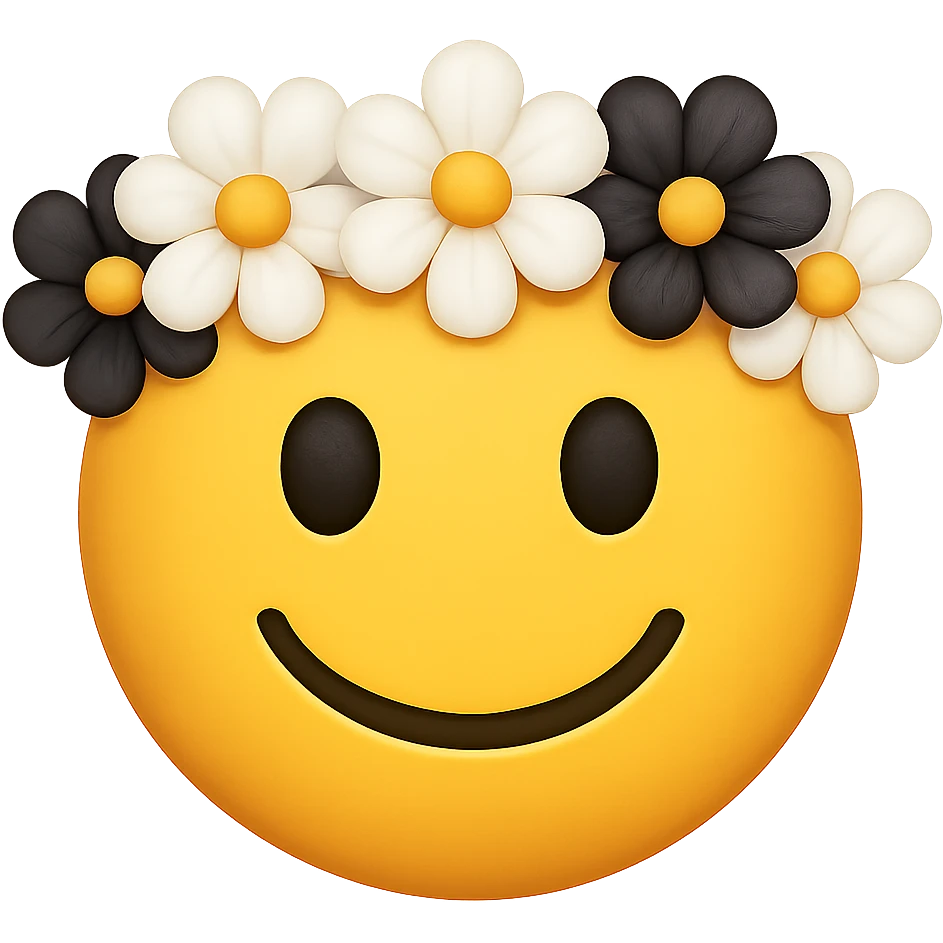 yellow face with white and black flower crown emoji, digital illustration, remove background emoji
