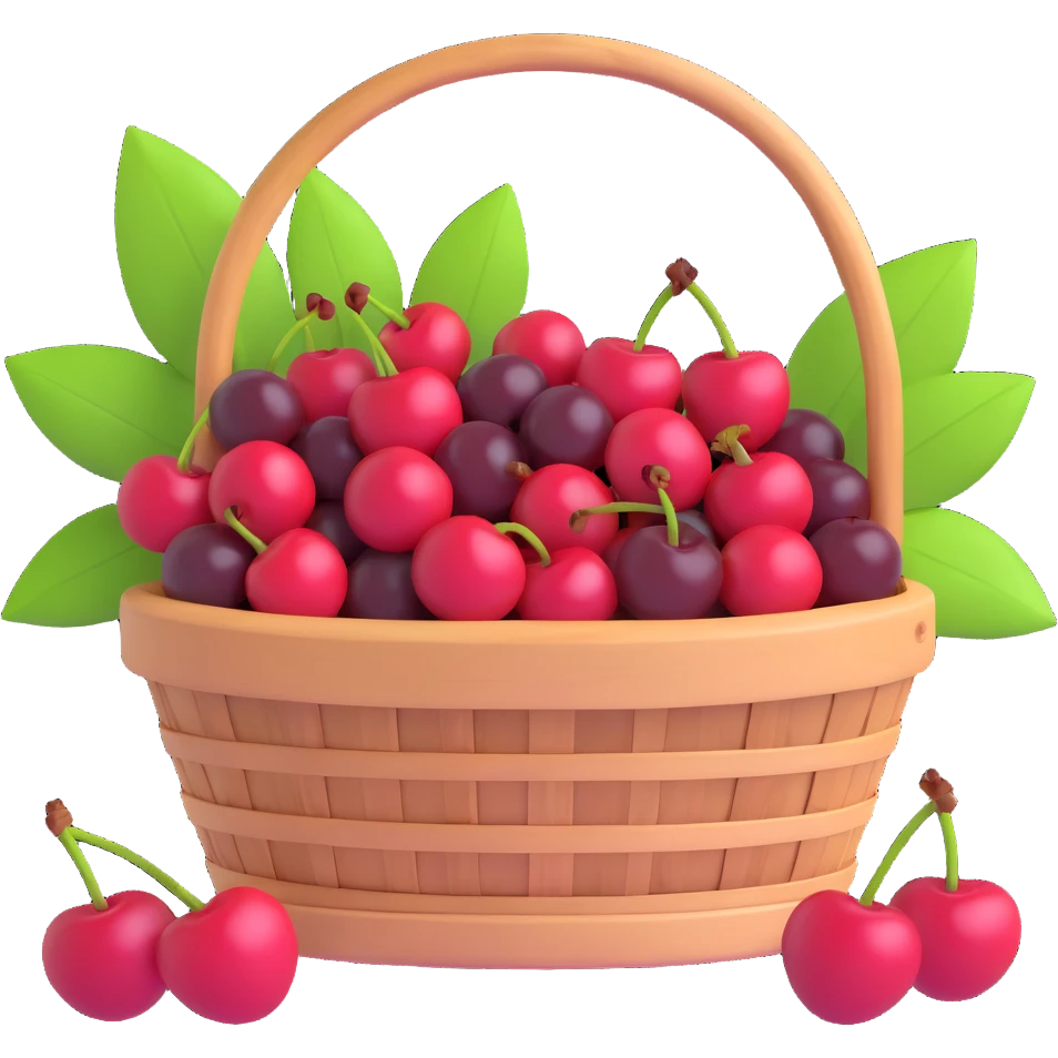 A basket of cherries in iOS 3D style, with a mix of red and dark red cherries, green leaves, and a wooden basket with a green band, in a detailed and realistic yet stylized 3D appearance emoji