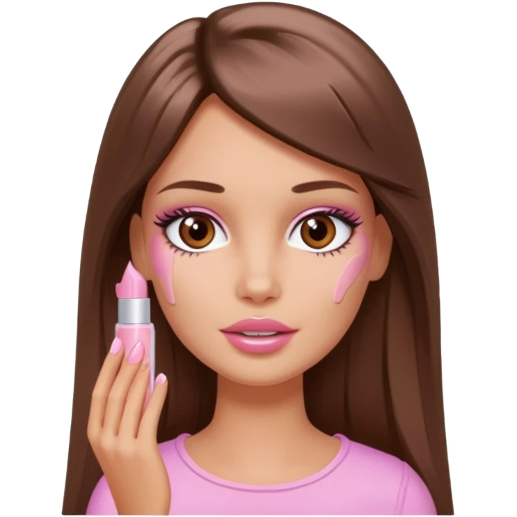Barbie girl a brown long Straight hair and brown eyes is In pale pink smears by hand cosmetic cream on her face emoji