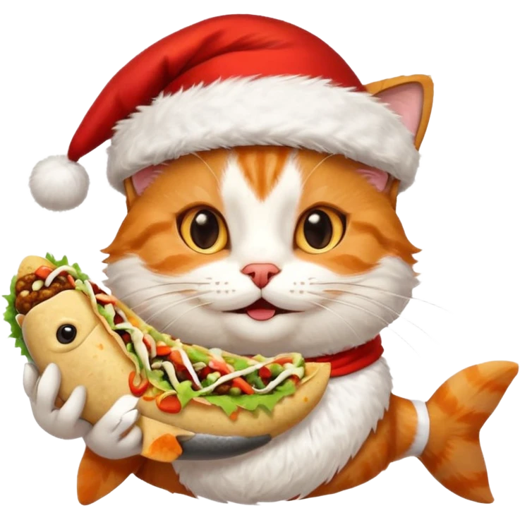 Happy Cat wearing a Santa hat and holding  a fish taco  emoji