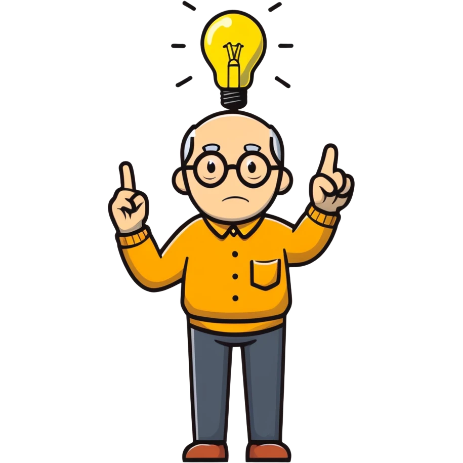 elderly man pointing his finger up at a light bulb, pretending that he has an idea emoji