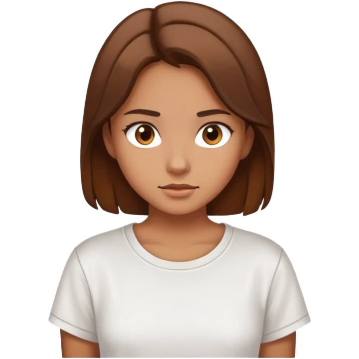 Girl with tan skin, thick brown hair, brown eyes, loose white tshirt emoji