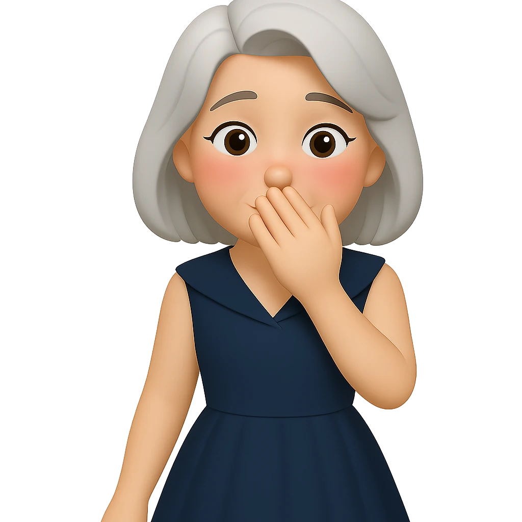 Make the character look more bashful with a shy expression. Ensure her hair is fully visible and not cropped. Keep the retro cocktail dress and the hand covering the mouth as in the original. The style should resemble emoji style with a transparent background. emoji
