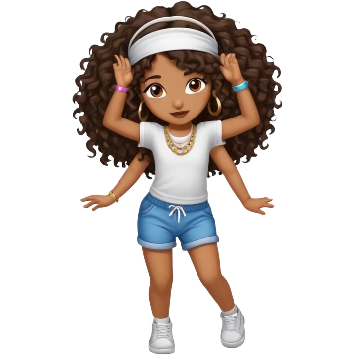 Dancing brown girl with long darn brown curly hair with headband hip hop emoji