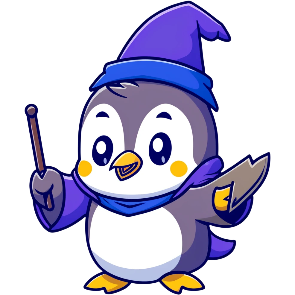 a cute penguin wearing a purple wizard robe and blue wizard hat, casting a spell emoji