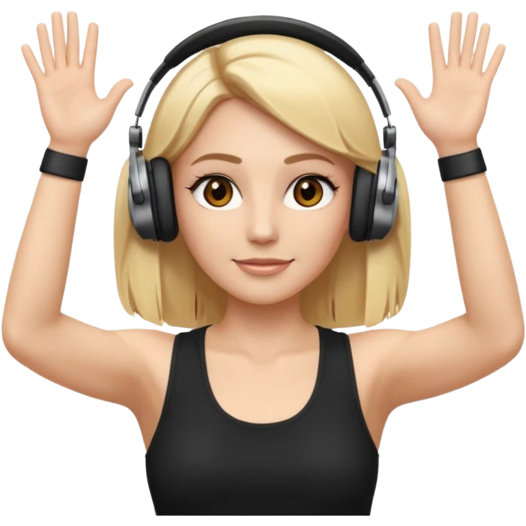 I want a white female dj animated gif emoji with long straight centre parting blonde hair, brown eye brows and putting hands up in the air. Wearing a black tight top with no sleeve. Also wearing DJ headphones  emoji