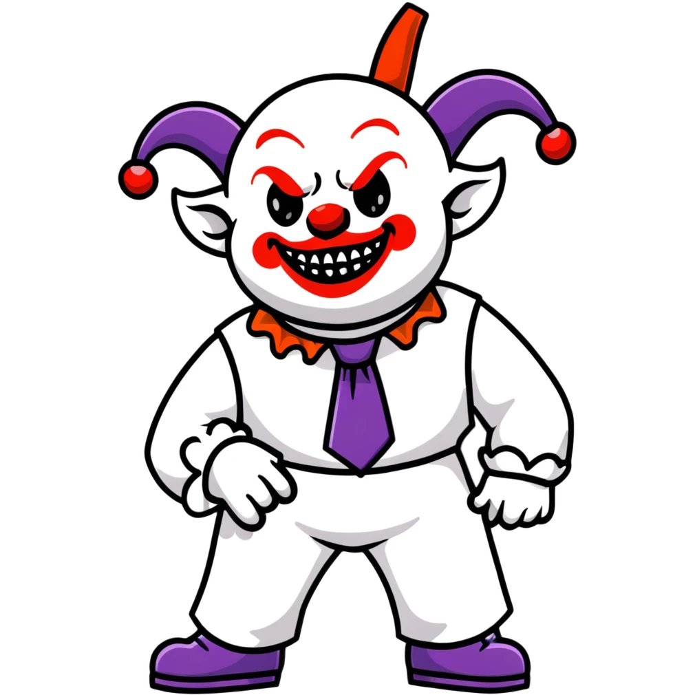 full-body demonic clown in a white leisure suit with bellbottom pants, bald, with black ram horns, flashy belt, ruffled shirt, no neck tie, large fangs in mouth emoji