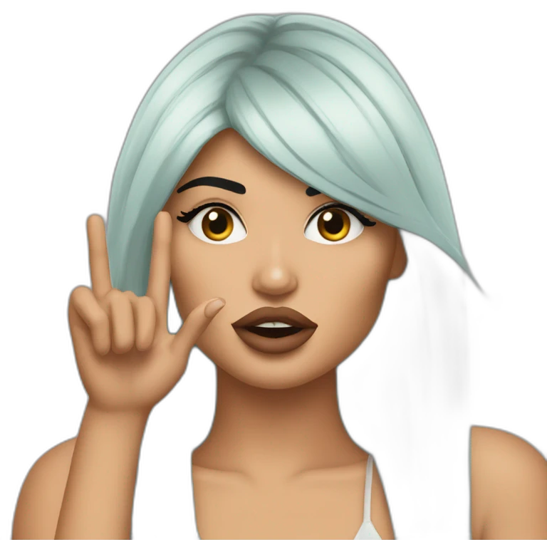 Kylie Jenner with hair to her arms wondering and holding her finger on her lips emoji