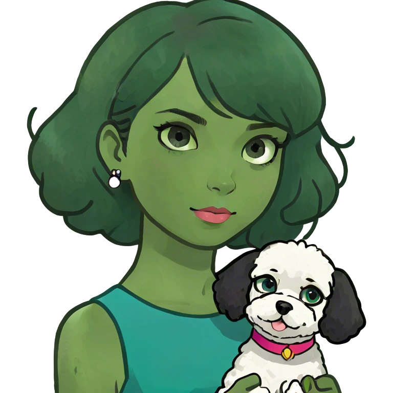 Girl with black hair and blue eyes. With Bichon frise emoji