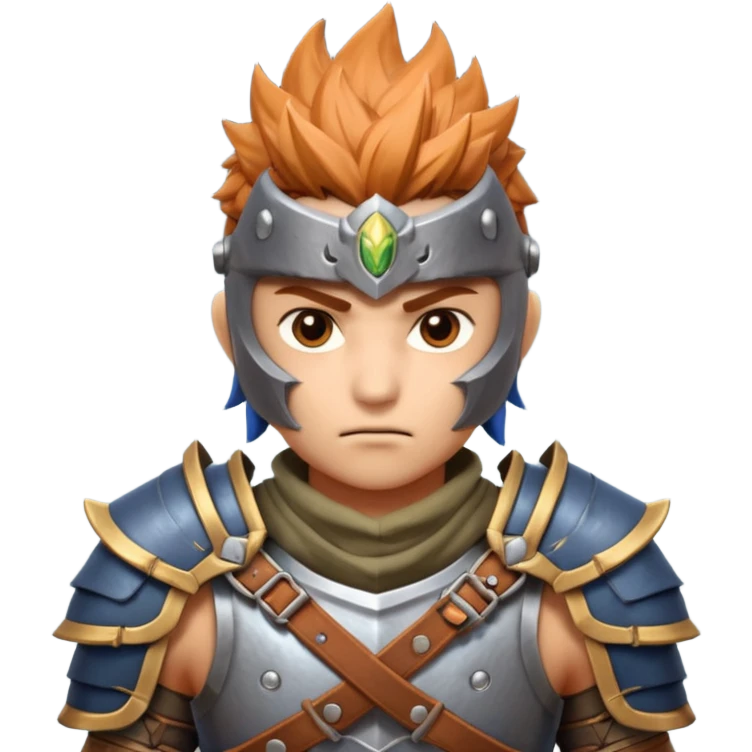 fantastic monster hunter warrior portrait, head and shoulders only, metal shoulder armor, sword strap visible, battle-worn look, intense expression, 3D cartoon, mobile game icon style, clean background, no text, no watermark
 emoji