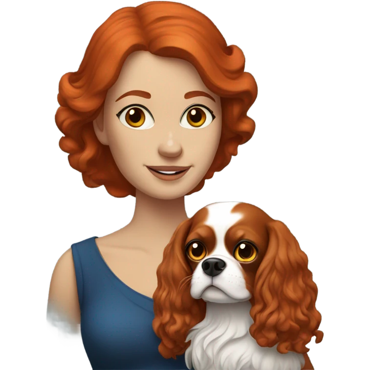 A red haired woman with blue eyes and holding a King Charles Cavalier emoji