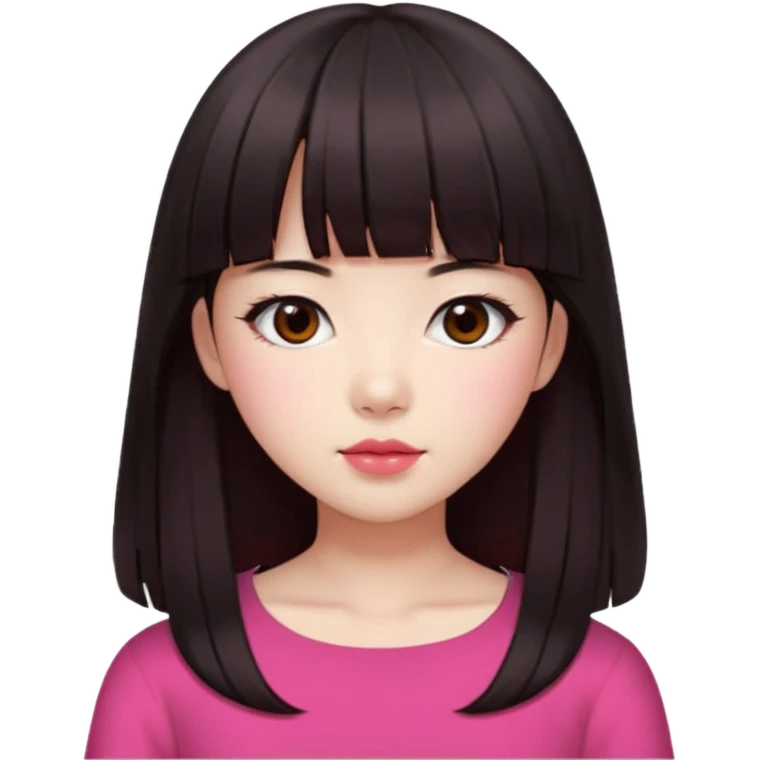 Korean girl, red top, black brown hair, brown eyes, long hair, cool girl, aesthetic, long hair, hime cut, blunt bangs, pink lips, pink cheek emoji