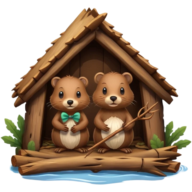 a beaver couple, one a female with a bow on her head in a beaver home made of sticks and logs emoji