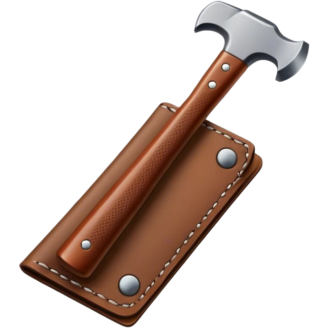 Leatherworking icon, leather piece with visible stitching, hammer and chisel, leather tools, textured surface, minimalistic style, clean lines, transparent background. emoji