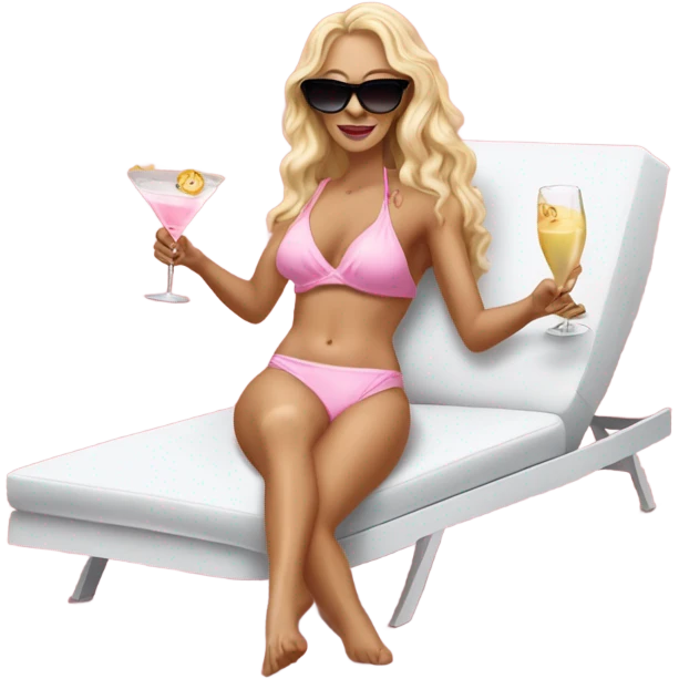White woman, long hair, blonde hair, wavy hair, baby pink bikini, sunglasses, laying in a white chaise lounge, holding a martini emoji