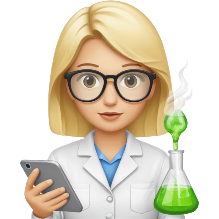 Eine hellblonde Chemikerin mit Kittel, großer Labor-Sicherheitsbrille und typischem Erlmeyerkolben in der Hand emoji