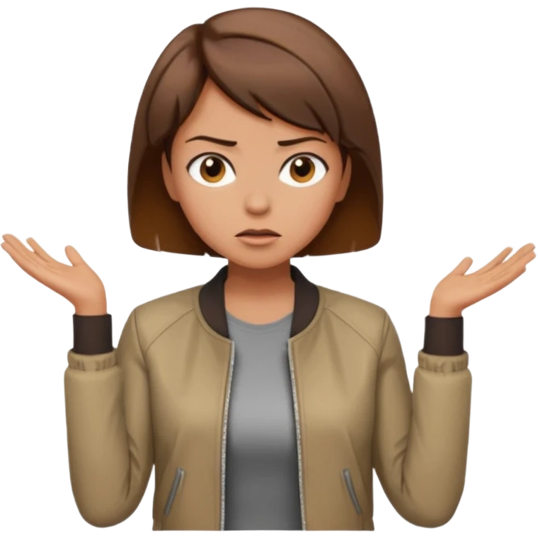 a woman with a brown short hair, looking at the left, frustrated, wearing a trendy jacket, only upper body, high quality emoji