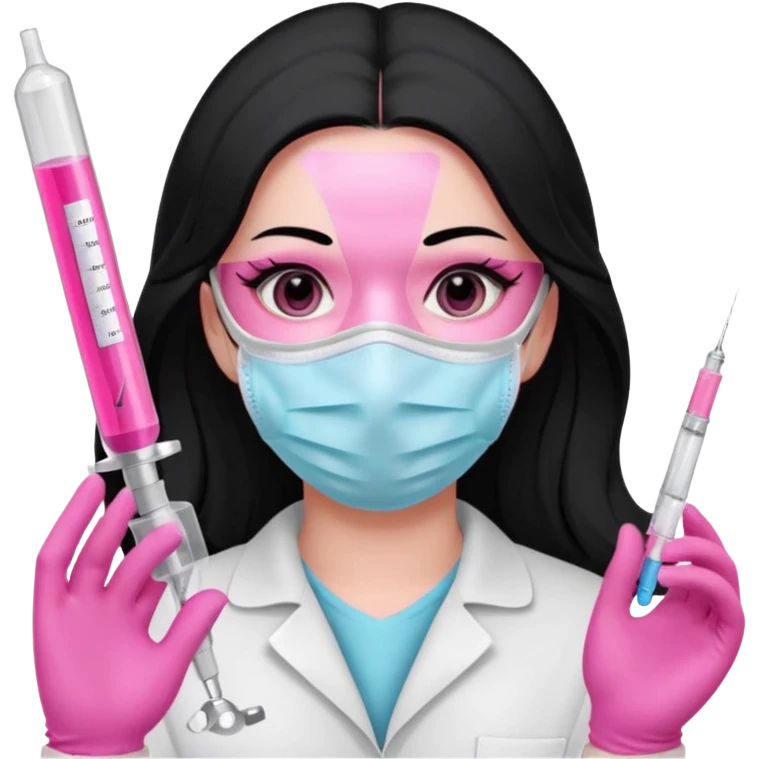 laboratorista con guantes rosa y mascarilla rosa  jeringa tubo laboratorio sin lentes  y  ojos negros cabello largo negro color ojos oscuro emoji