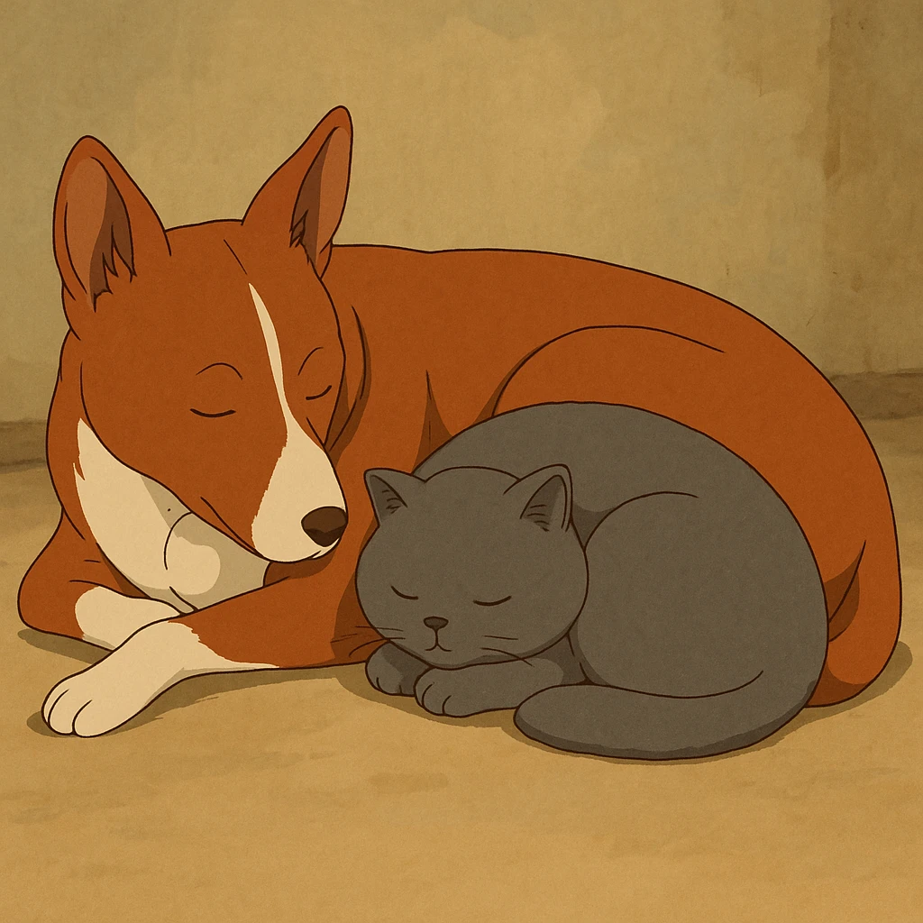 A gray British Shorthair cat curled up and sleeping next to a red Basenji dog emoji