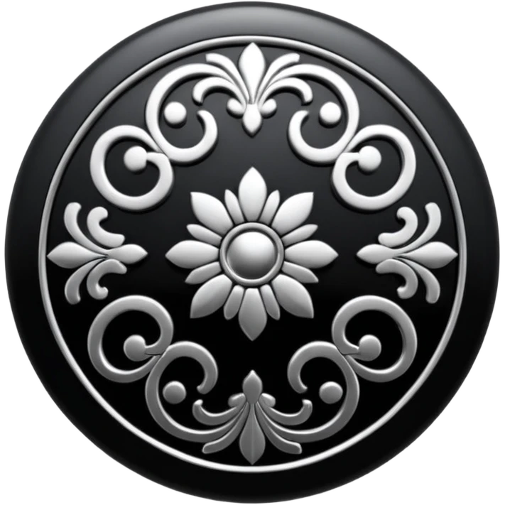 Black and silver filigree round button, 3D, extremely detailed design emoji