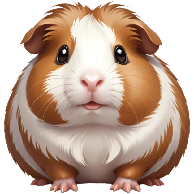 Cinematic Cute Brown and White Banded Guinea Pig Portrait Emoji, Head tilted playfully and inquisitively, showcasing a fluffy fur with playful brown and white banded patterns, round, sparkling dark eyes filled with curiosity, Simplified yet irresistibly adorable features, highly detailed, glowing with a warm, friendly glow, high shine, affectionate and spirited, stylized with a touch of whimsy, bright and endearing, soft glowing outline, capturing the essence of a mischievous yet loving guinea pig, so playful it feels like it could dash out of the screen and into your arms! emoji