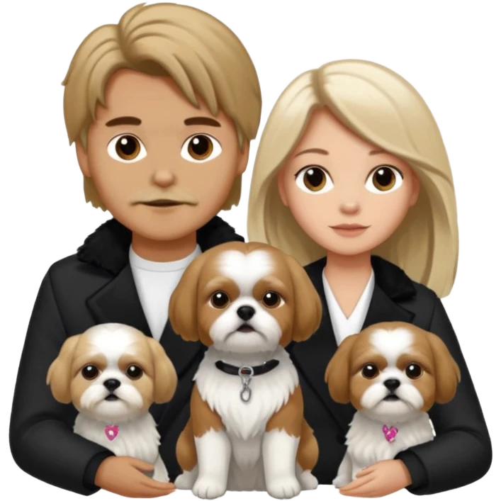 A couple boy with nice hair  and beautiful girl with long dark blond hair and with two shih tzu dogs with  black and white coat emoji