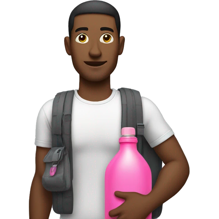 man standing with a bag on one shoulder with a pink water bottle inside the bag emoji