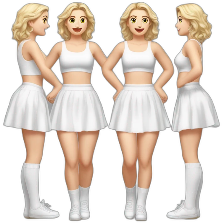 Hyperrealistic Full body Caucasian curvy beauty jumping short white skirt back and front views strong wind knickers long white socks emoji