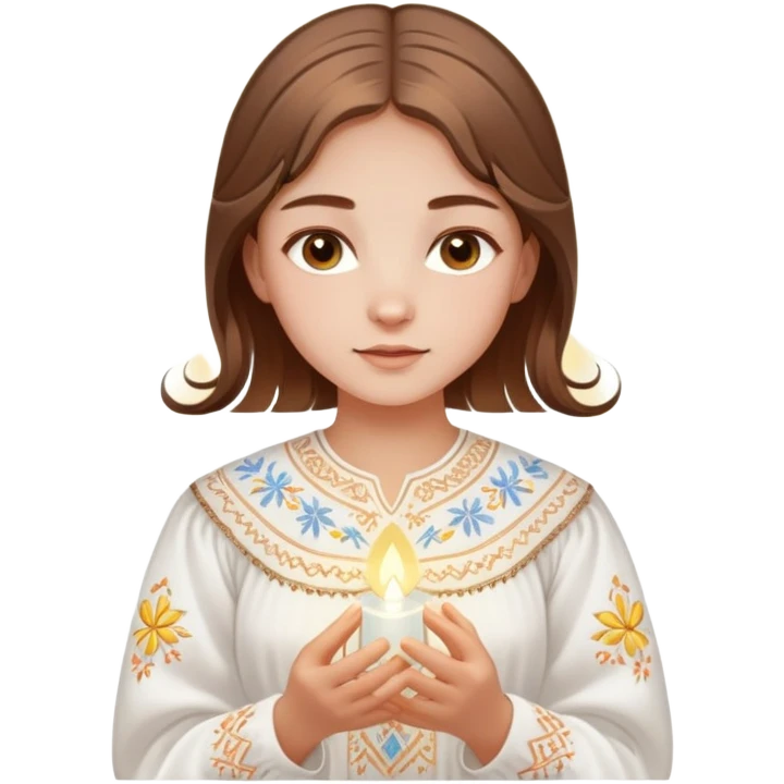 Ukrainian young girl with brown hair wearing a traditional white embroidered vyshyvanka shirt, holding a glowing ethereal light representing her soul emoji