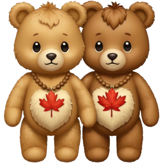 2 fluffy Teddy bears in love. One has an acorn necklace and the other has a maple leaf necklace  emoji