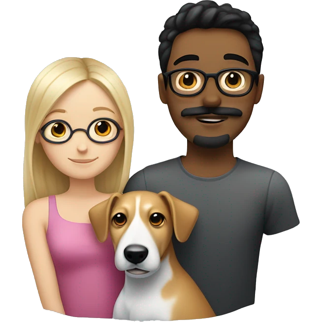  blonde girl without glasses and a white boy with black hair, glasses, a little Beard and moustache, both cuddling a jack Russell emoji