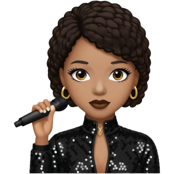 Sammie, R&B Singer with dark brown hair, black sequin outfit emoji