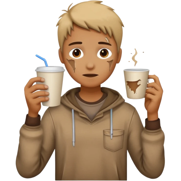 Create an emoji that shows a person wearing torn clothes with visible dirt marks and an empty cup. emoji