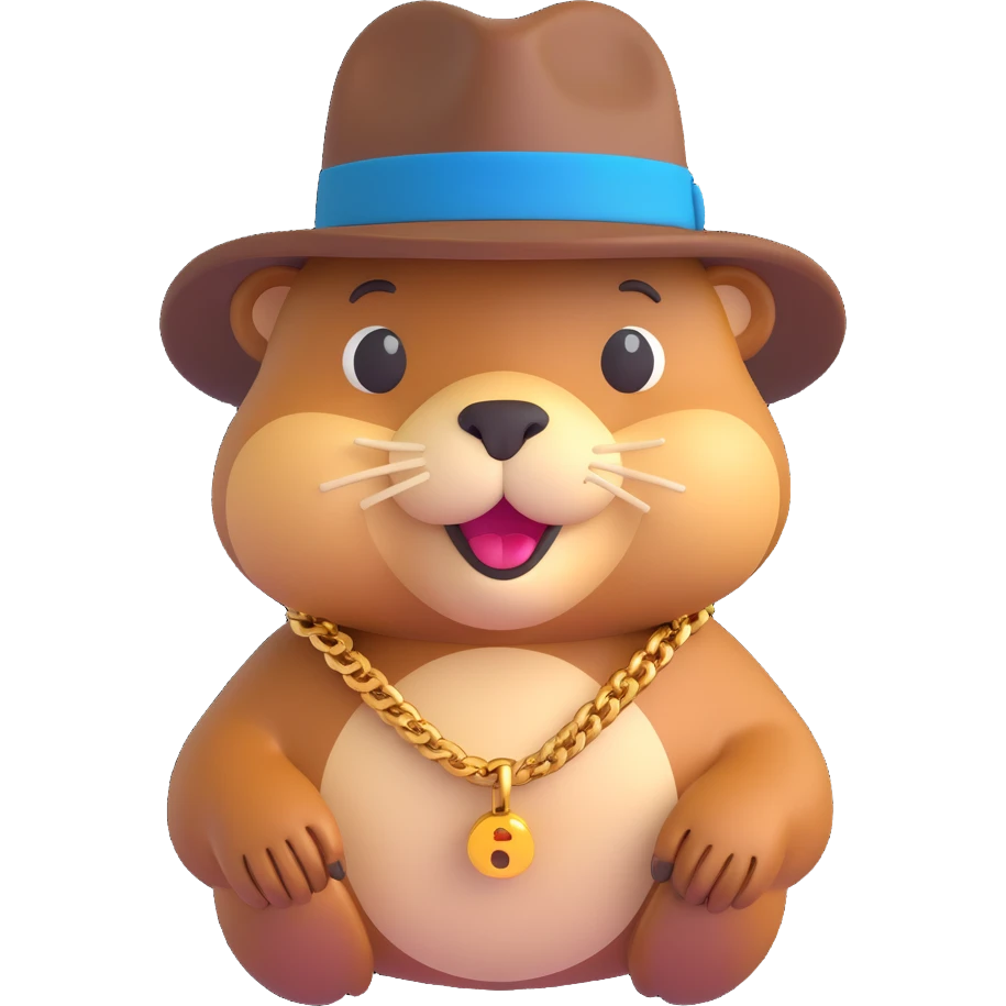 3D emoji style beaver dressed as a gangster, with a fedora hat, gold chain, and confident expression emoji